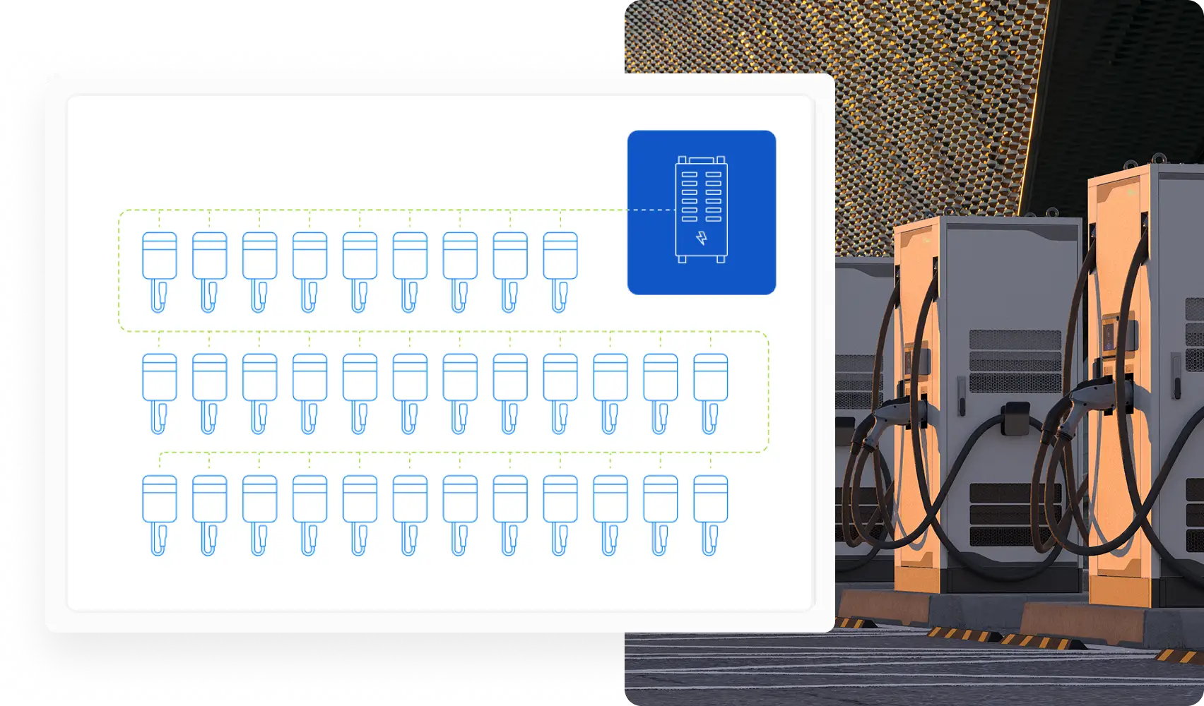 Adaptive Load Management illustration with solar battery storage units at a renewable energy facility image