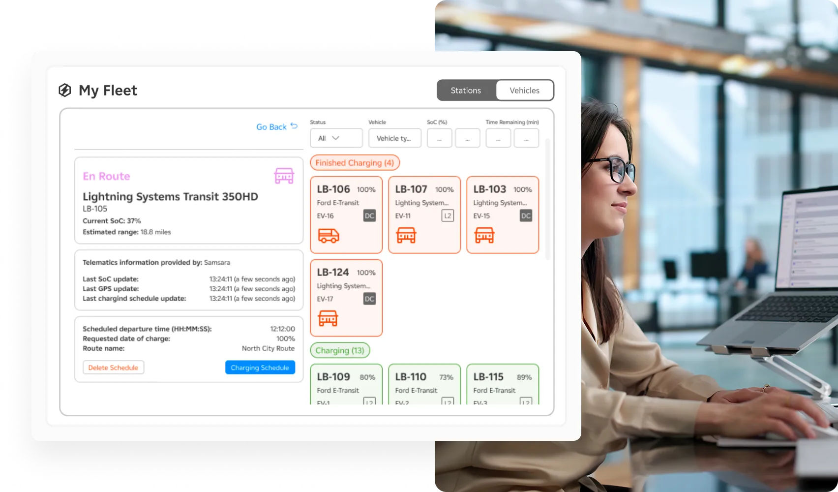 My Fleet dashboard illustration with a young woman using a platform on PC