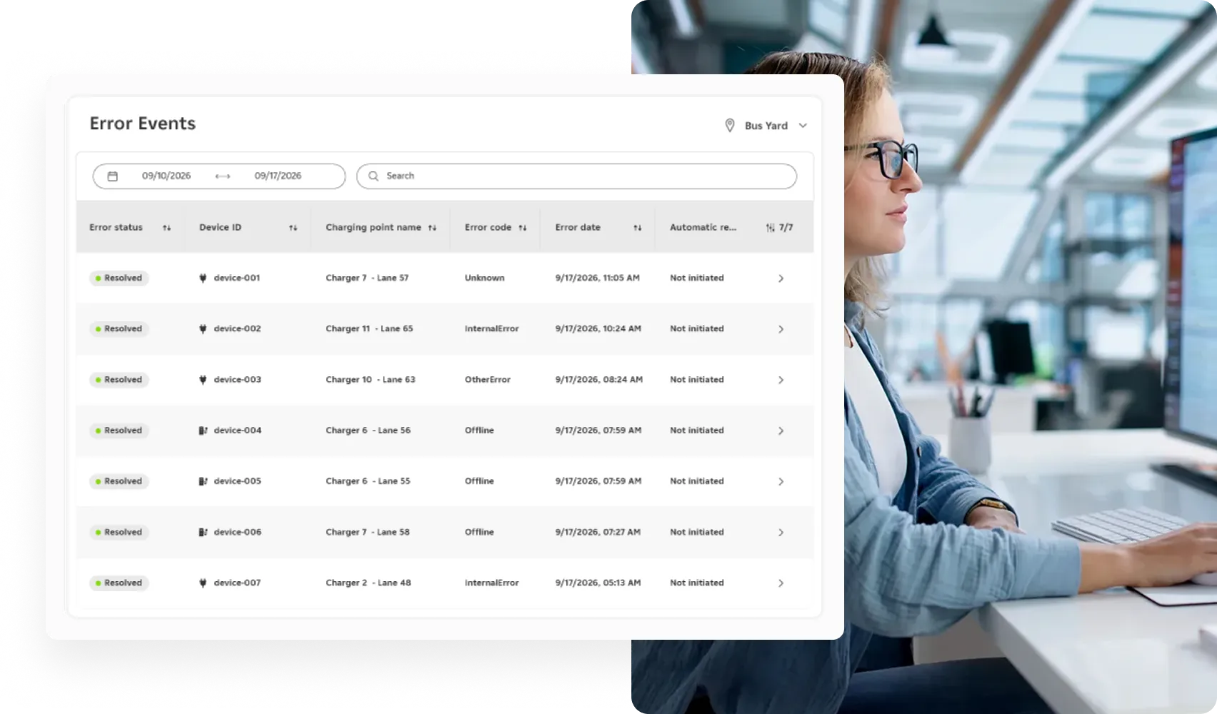 Error Events dashboard illustration with a young woman using a platform on PC