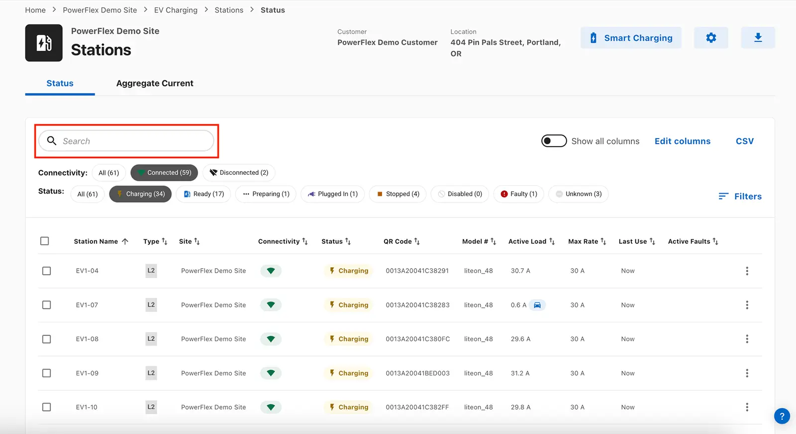 the Stations page with highlighted search