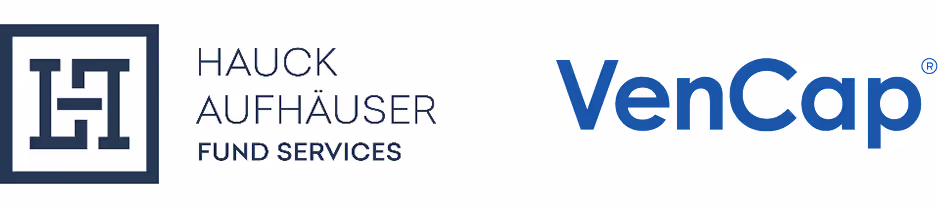 Logos von Hauck Aufhäuser Fund Services und VenCap in Blau und Weiß