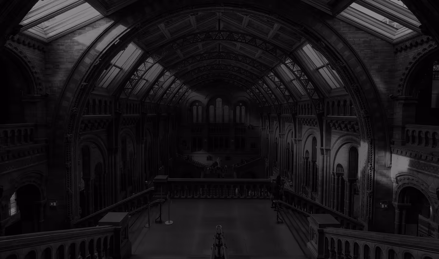 LIQID-Architektur: Gotischer Saal mit dramatischem Lichteinfall und geheimnivoller Atmosphäre