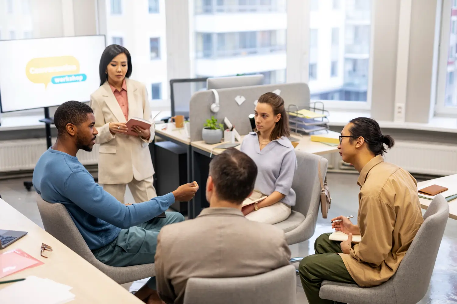 Work team in a communications workshop