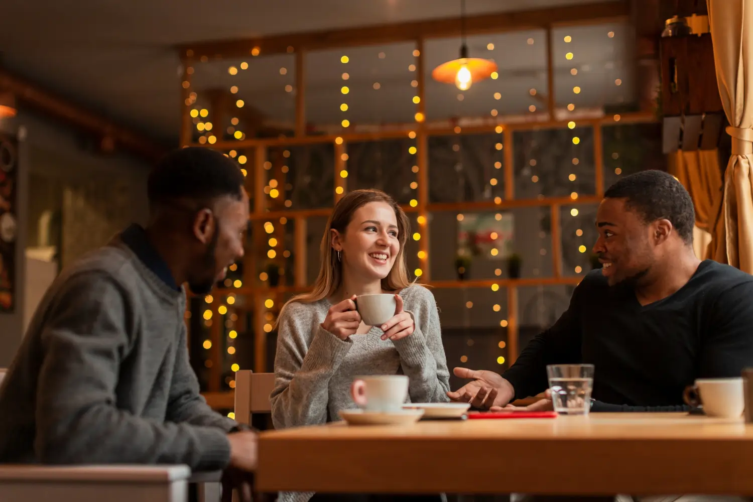 Two guys and a girl having coffee