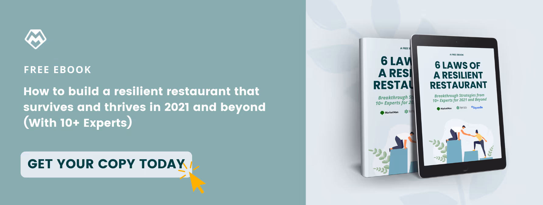 6 Laws of a Resilient Restaurant Ebook Mockup mit einer "Get Your Copy Today" Schaltfläche