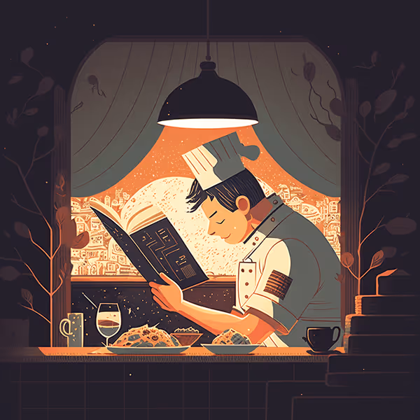 A Chief reeding a restaurant management book
