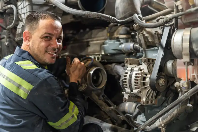 Mechanic performs heavy-duty engine repair on Kenworth T680; turbo, alternator and PACCAR radiator exposed.