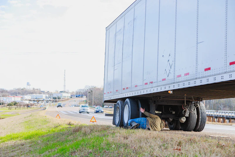 operator looking under the truck on the roadside