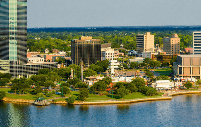 Aerial photograph of the city of Lake Charles where NeuroSolution Center of Lake Charles is based out of.