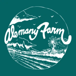 Logo of Alemany Farm featuring a stylized landscape with fields and a windmill, promoting sustainable agriculture.