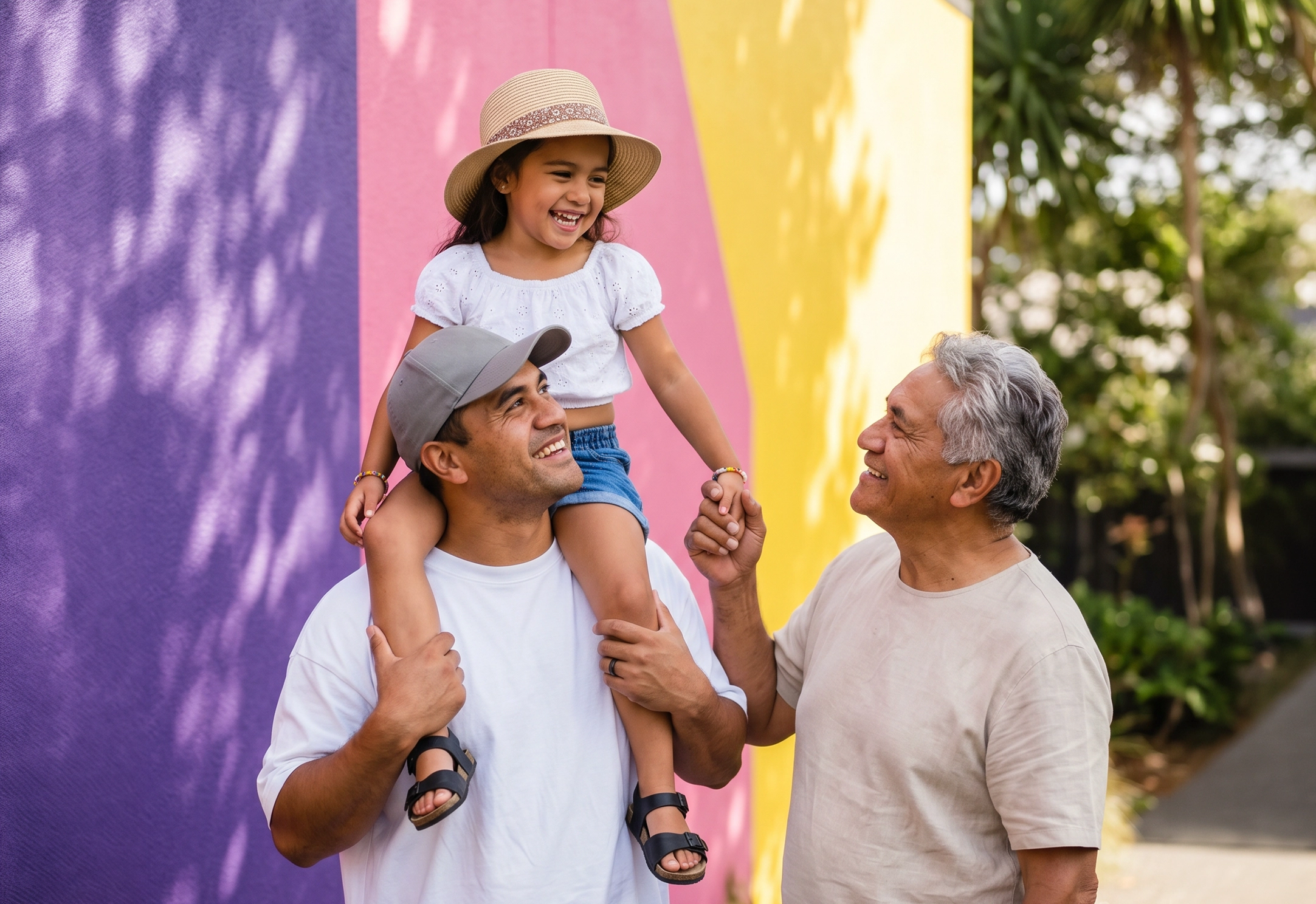 Intergenerational family, with daughter on shoulders of father and grandfather holding her hand.