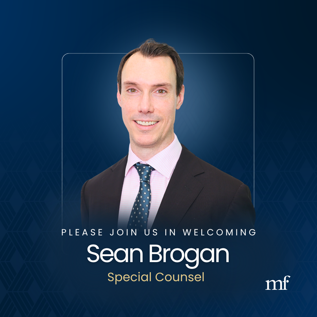 Portrait of Sean Brogan, Special Counsel at McVeagh Fleming. The image includes the text: "Please join us in welcoming Sean Brogan – Special Counsel."