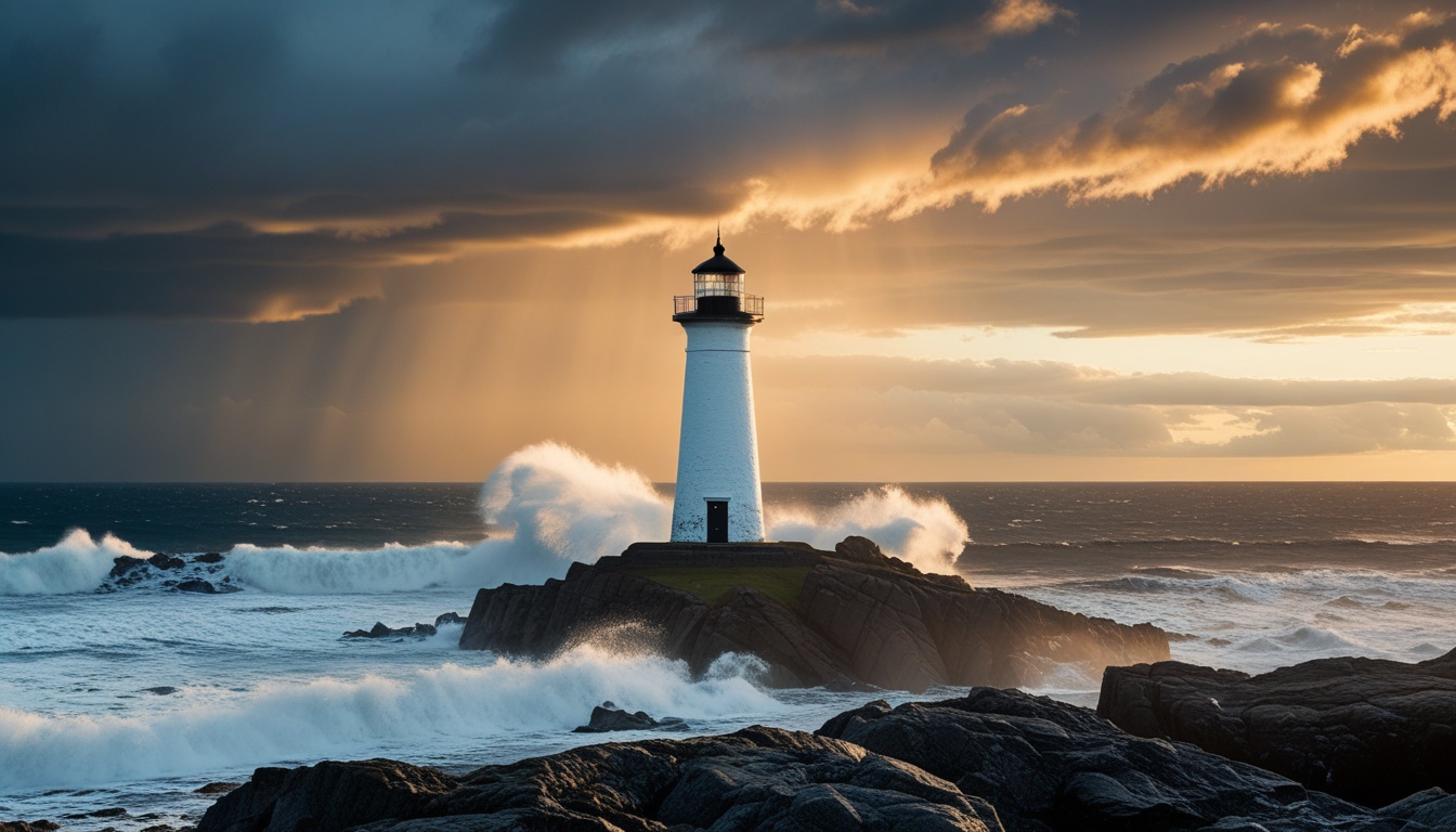 White lighthouse standing firm on rocks as waves crash beneath a golden stormy sky
