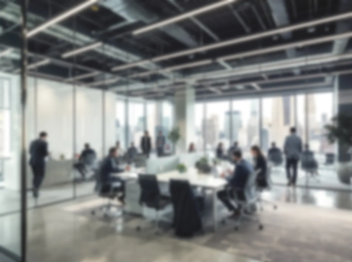 Blurred image of people working and meeting in a modern office with large windows and city skyline view.