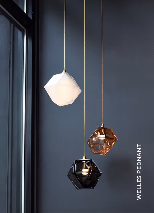 Gabriel Scott Lighting Welles Series Welles Double Blown Glass Pendant in white, Smoked Grey and California Pink Finishing in situ image