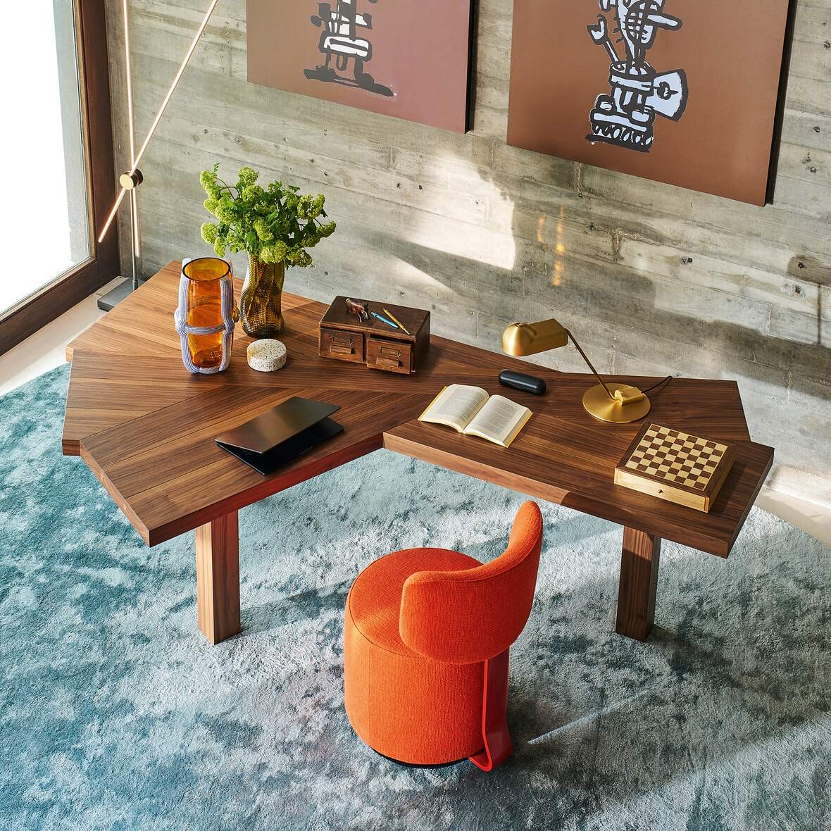 Ventaglio by Charlotte Perriand for Cassina, its fan-shaped top set up as a desk