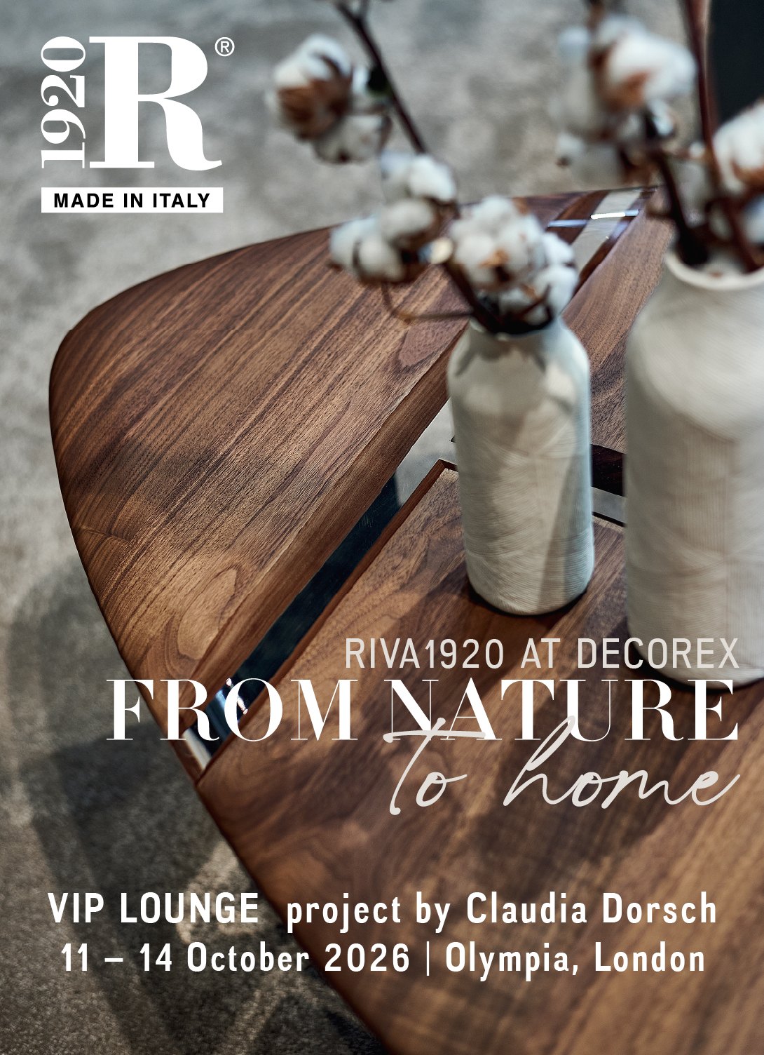 RIVA1920 at Decorex: From Nature to Home, VIP Lounge project by Claudia Dorsch, 11 to 14 October 2026, Olympia London
