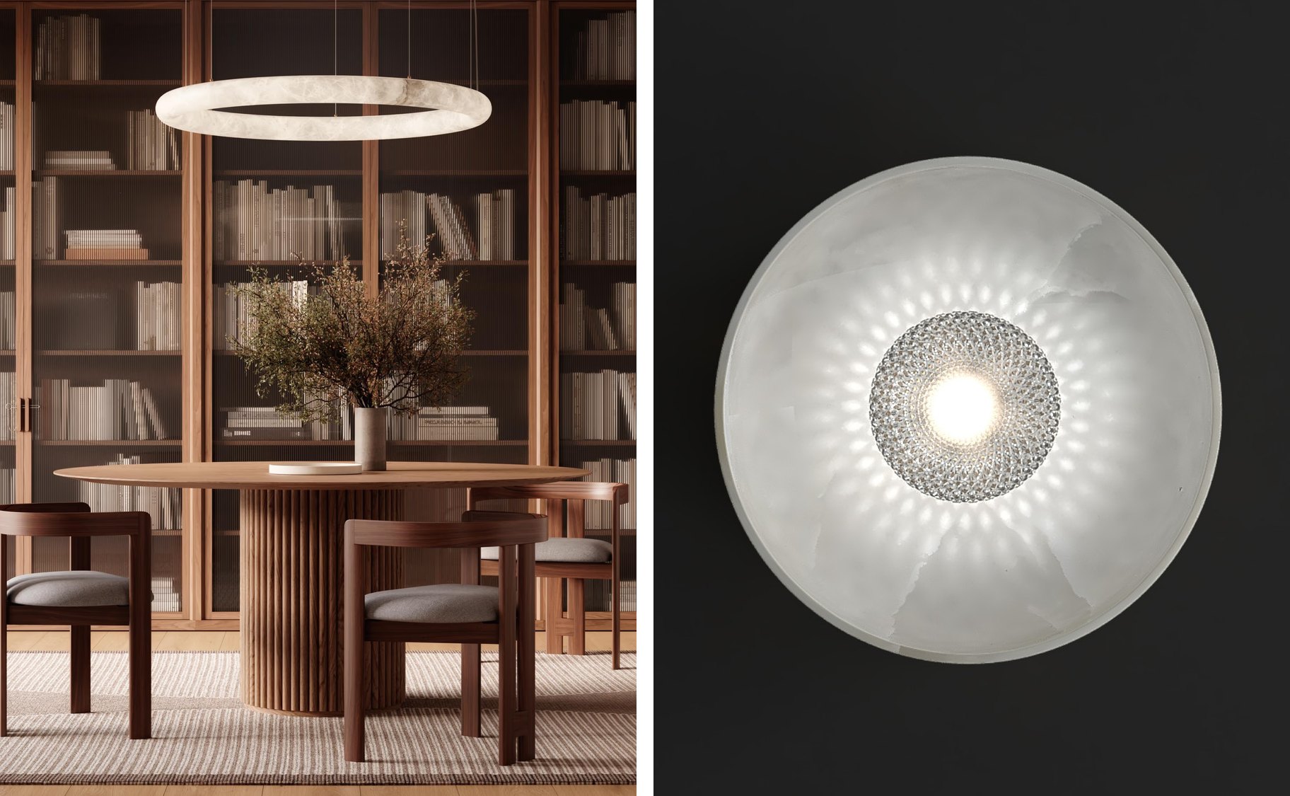 Alabastro Italiano alabaster ring pendant over a dining table, and a round alabaster wall light, lit