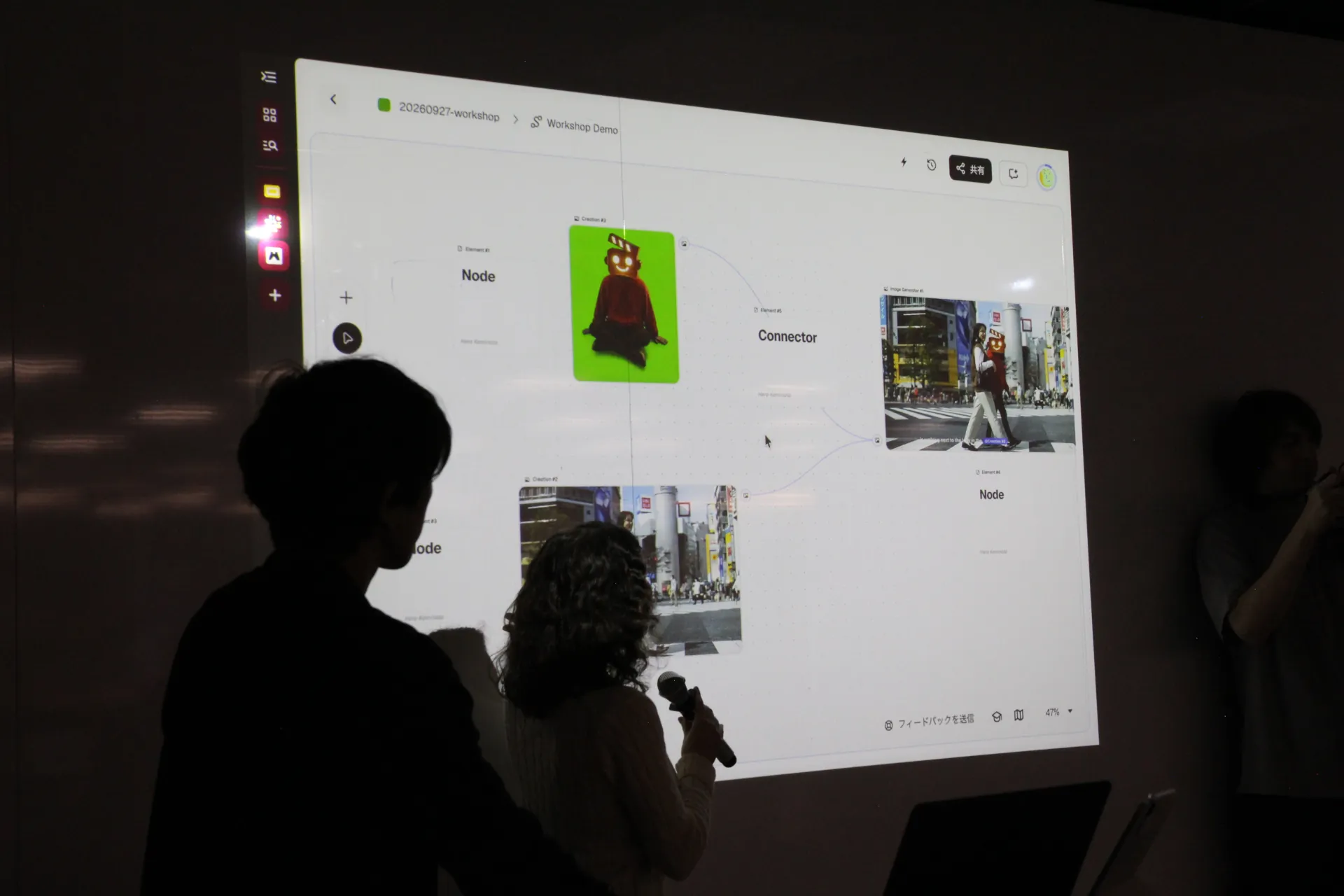 A speaker walking through a node-based AI workflow on the big screen