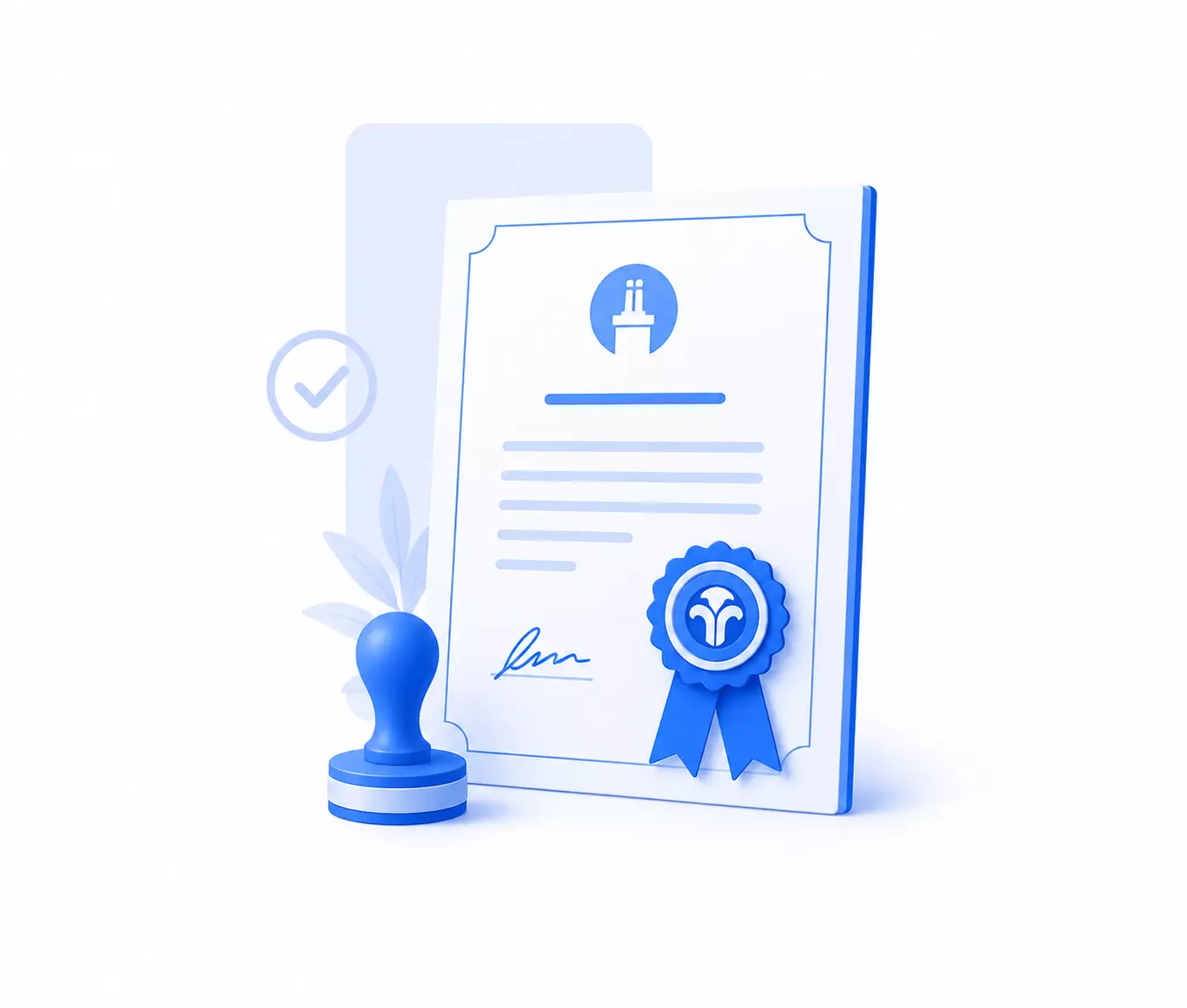 Certificate with a blue seal and stamp symbol, accompanied by a blue stamp tool and checkmark icon.