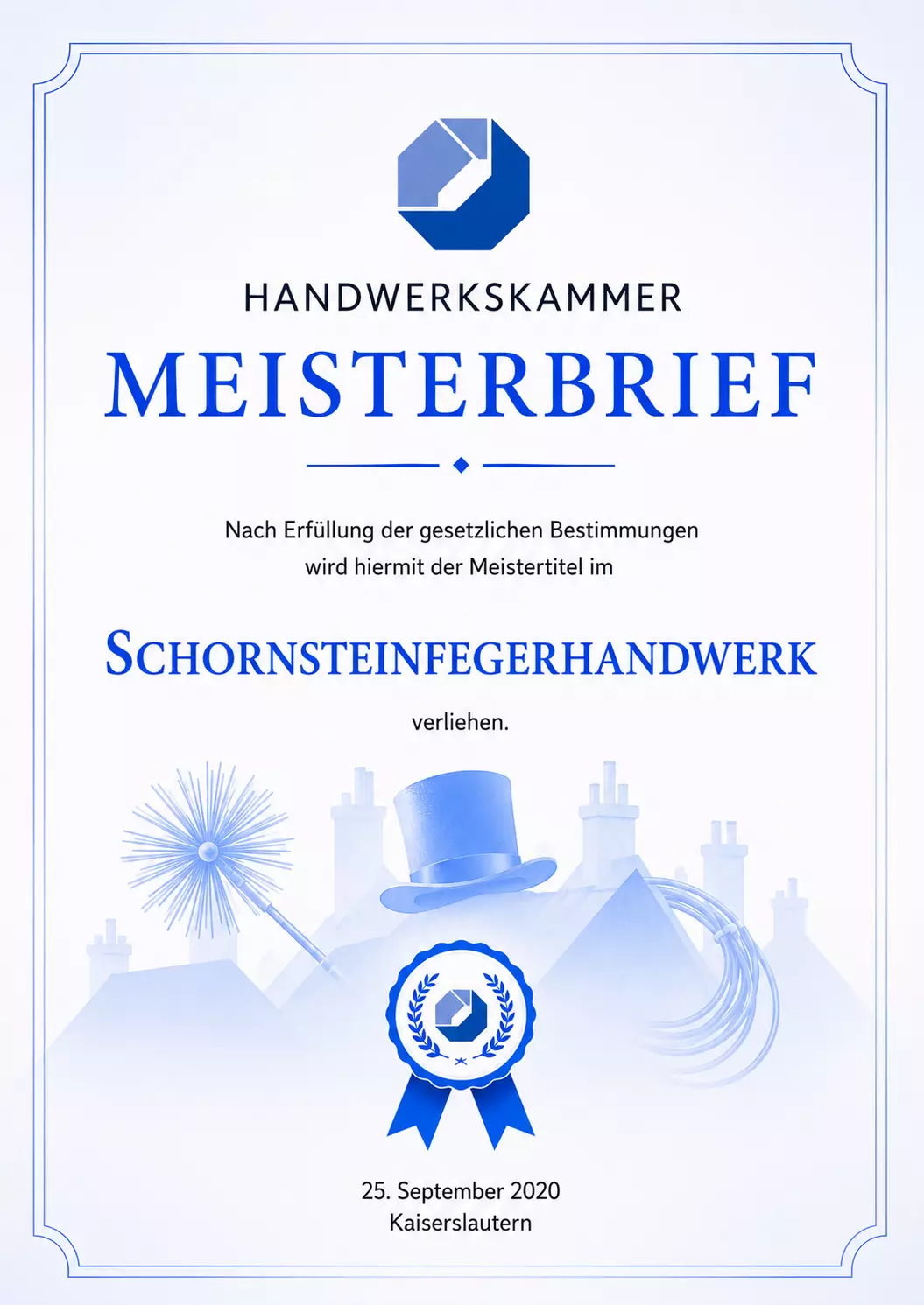 Handwerkskammer Meisterbrief certificate awarding master title in chimney sweeping crafts.