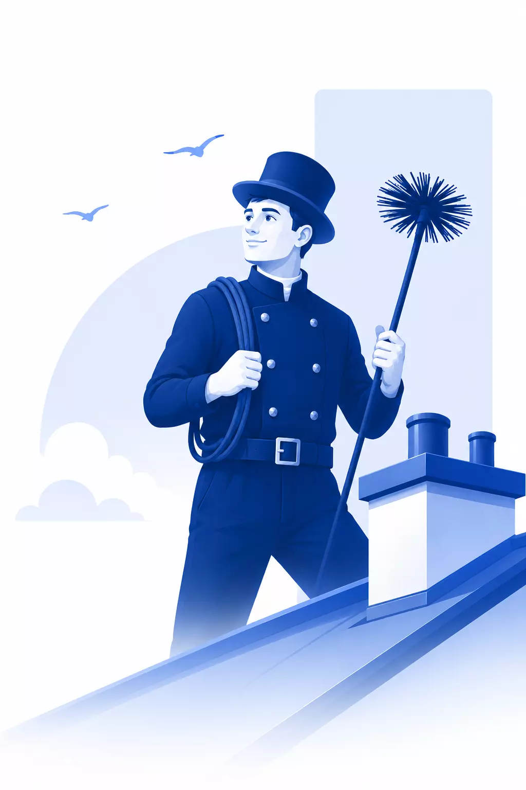 Chimney sweep in uniform holding brush and rope on a rooftop with chimneys and birds flying.