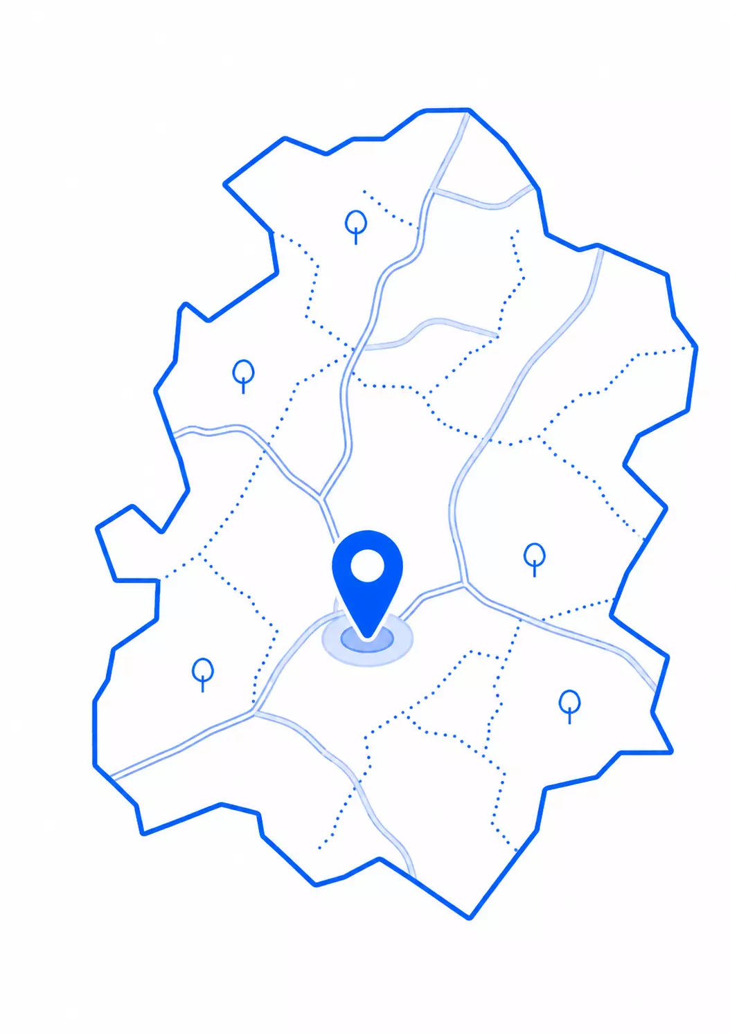 Stylized blue map with roads, dotted borders, tree icons, and a central blue location marker.