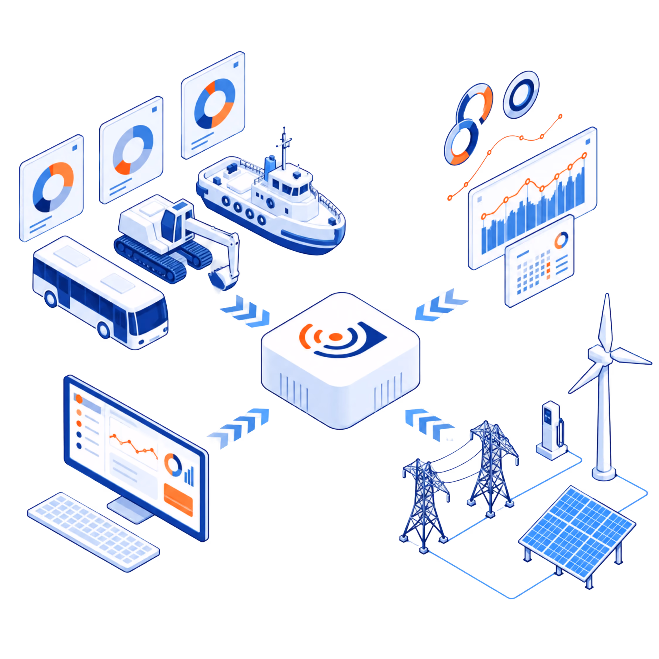 Isometric diagram of IoT data hub connecting transport, renewable energy, and analytics dashboards for smart industry.