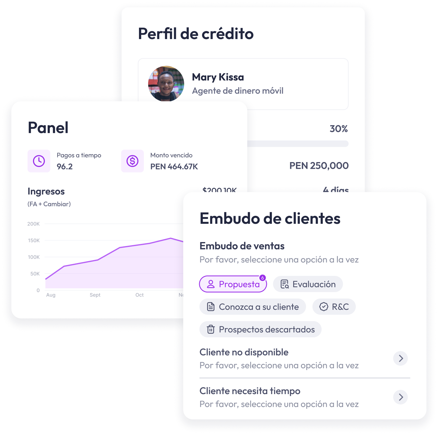 Credit profile with Mary Kissa, a mobile money agent; income panel and client sales funnel options in Spanish.