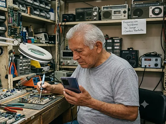 Elderly man repairs a circuit board at a cluttered workbench with tools and radio equipment.