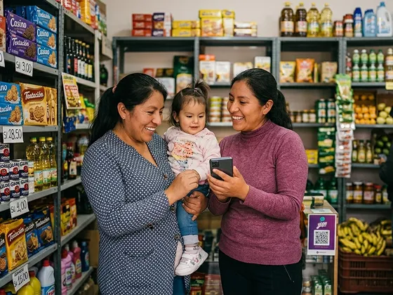 Two women smiling and holding a toddler together in a grocery store aisle with shelves of products.