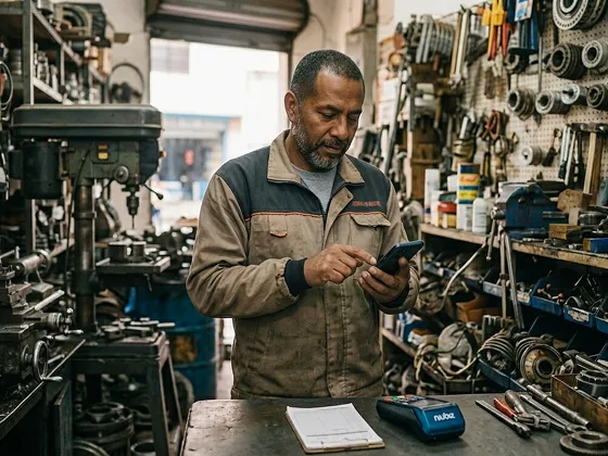 Man in a workshop using a smartphone surrounded by tools and machinery on shelves and a workbench.