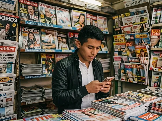 Young man in black jacket using smartphone standing in a newsstand filled with magazines and newspapers.