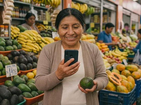 Smiling woman holding an avocado and a smartphone in a vibrant fruit market stall.