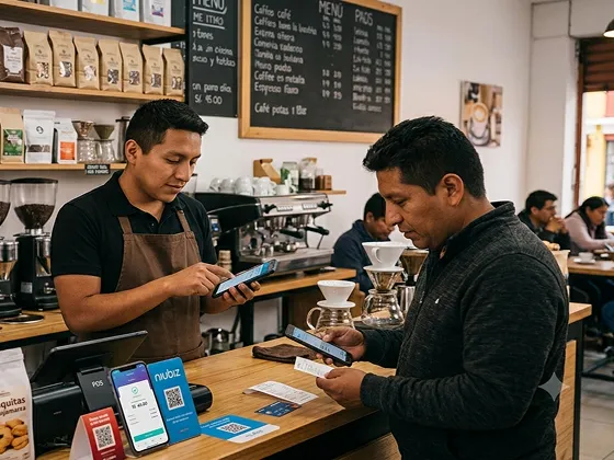 Barista scanning customer's phone for digital payment in a busy coffee shop.