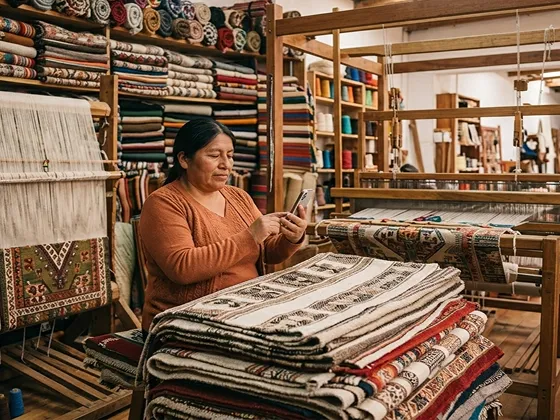Woman in orange sweater using smartphone among stacks of woven textiles and looms in a crafting shop.