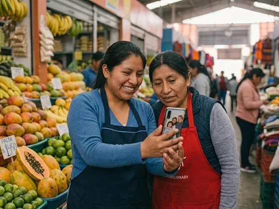 Two market vendors wearing aprons smile and look at a phone in a fruit market setting.
