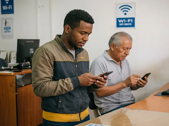Two men using smartphones at a desk with Wi-Fi signs on the wall behind them.