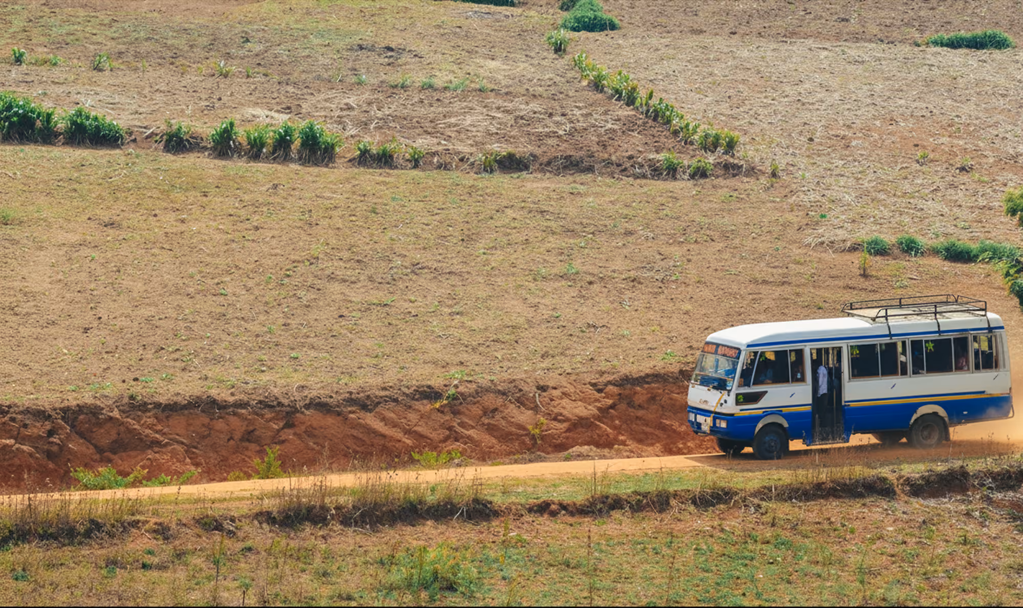 A white and blue passenger bus travels along a dusty dirt road through rural farmland and tilled fields.