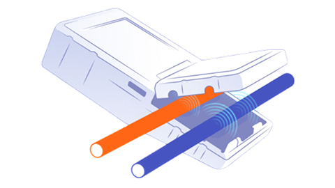 Line drawing of a handheld scanner reading orange and blue tags with radio wave signals, illustrating RFID technology.