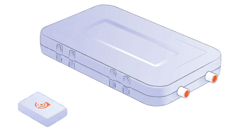Line drawing of a handheld scanner reading orange and blue tags with radio wave signals, illustrating RFID technology.