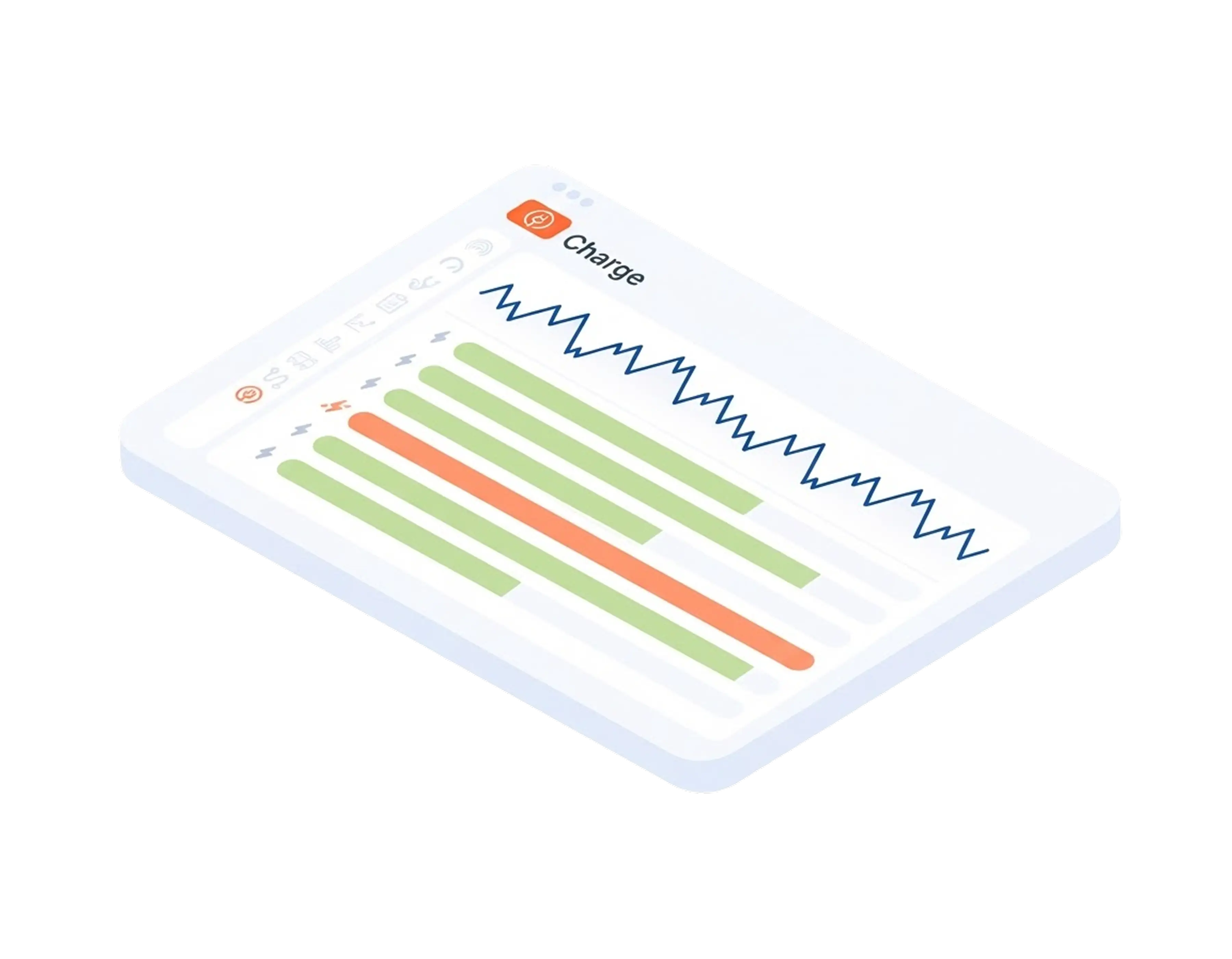 Isometric illustration of a digital data dashboard titled Charge, featuring a jagged blue line graph and several green and orange progress bars.