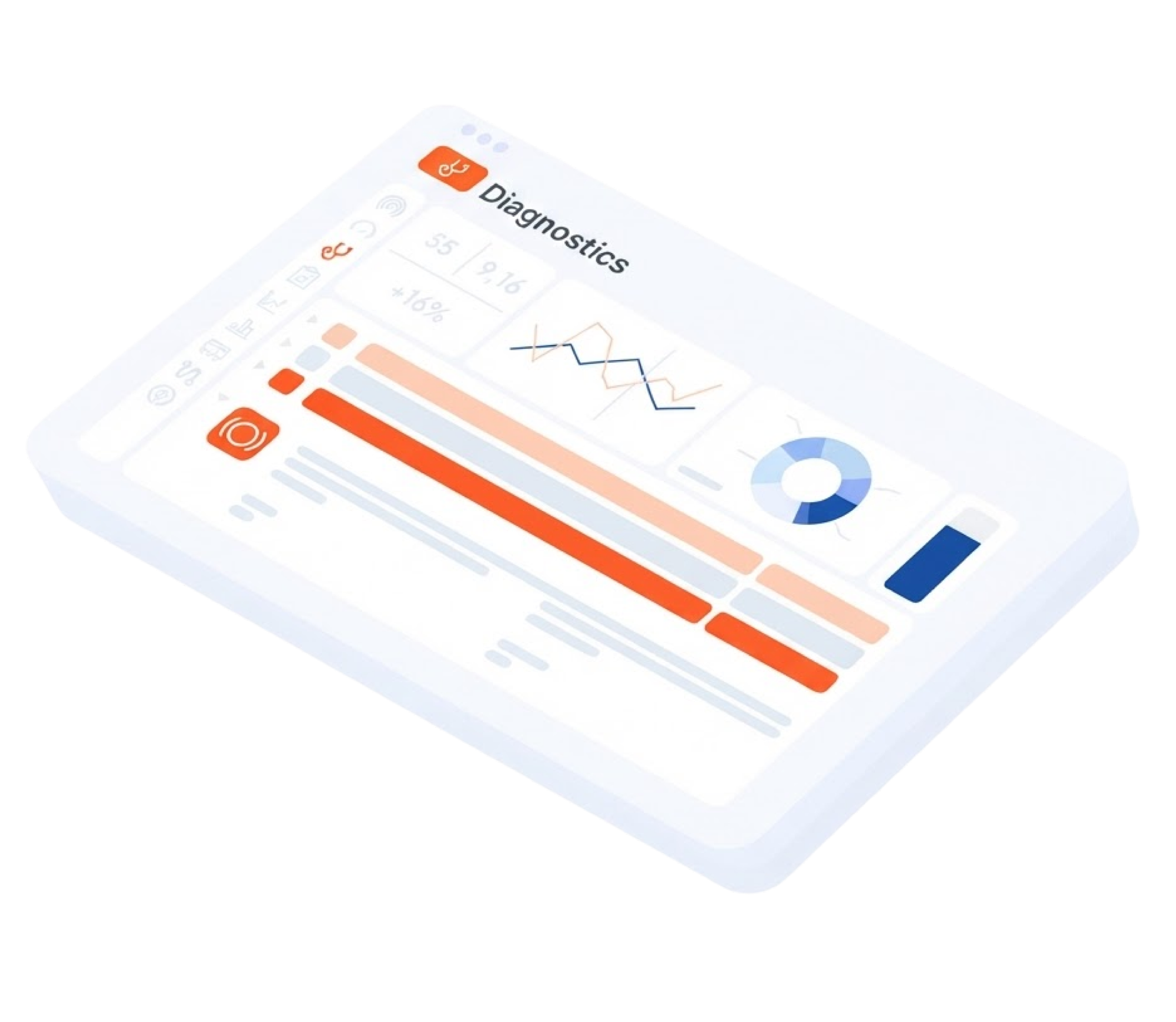 Isometric 3D illustration of a digital diagnostics dashboard featuring orange and blue line graphs, bar charts, and data analytics on a floating tablet screen.