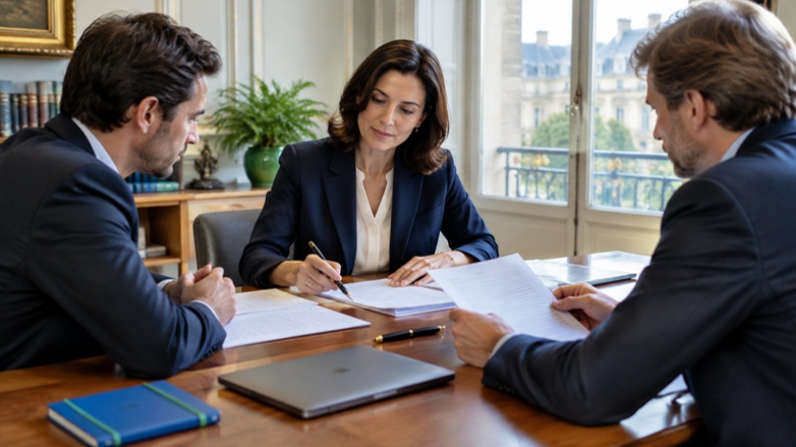 Deux associés et une avocate relisent les nouveaux statuts autour d'une table de réunion, lors de la transformation d'une SARL en SAS.