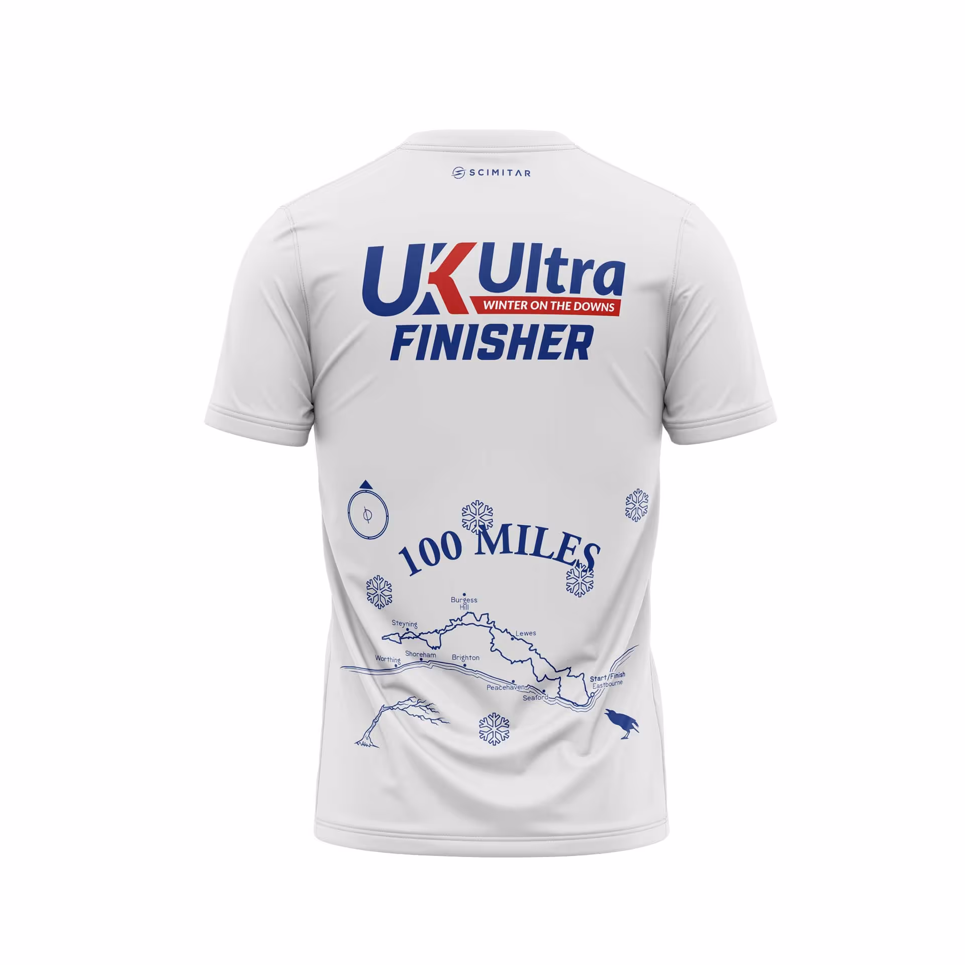 White T-shirt with "UK Ultra Finisher" and "100 Miles" text with a map and snowflakes.