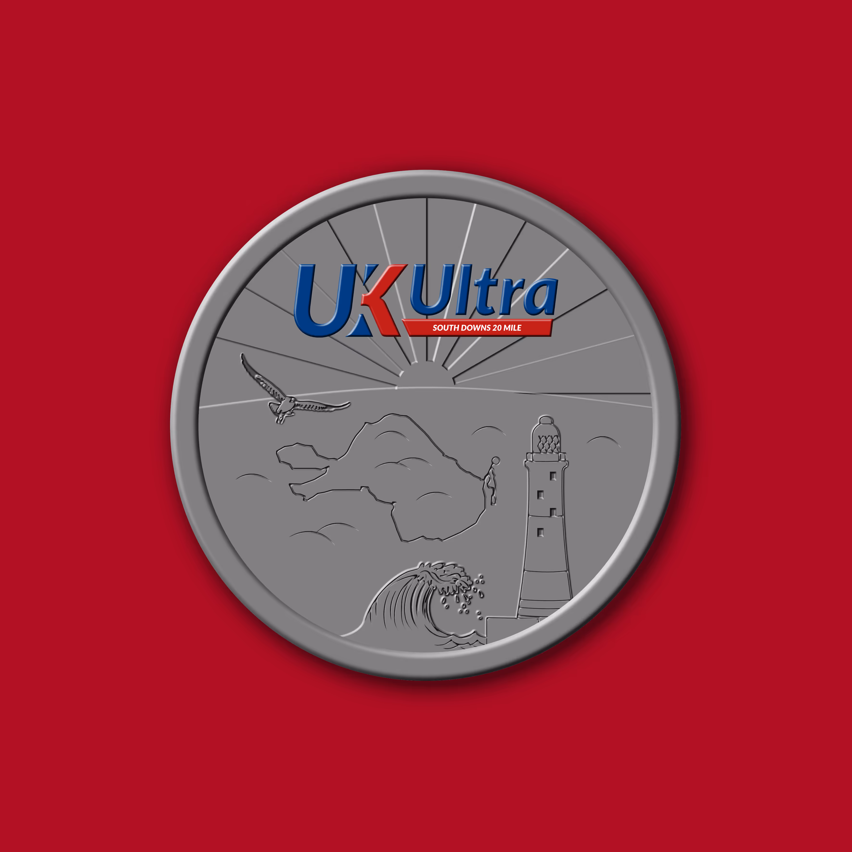 A silver medallion with UK Ultra logo, featuring a lighthouse, waves, and a bird in flight.