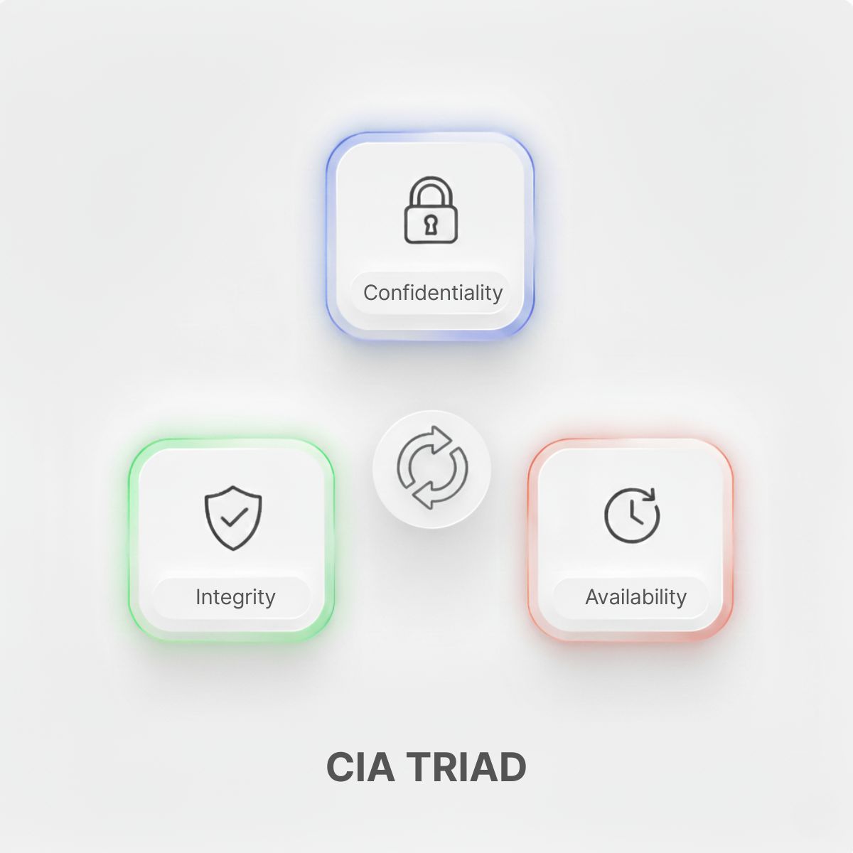 CIA Triad diagram illustrating the three core cybersecurity principles: Confidentiality, Integrity, and Availability, shown as interconnected elements.