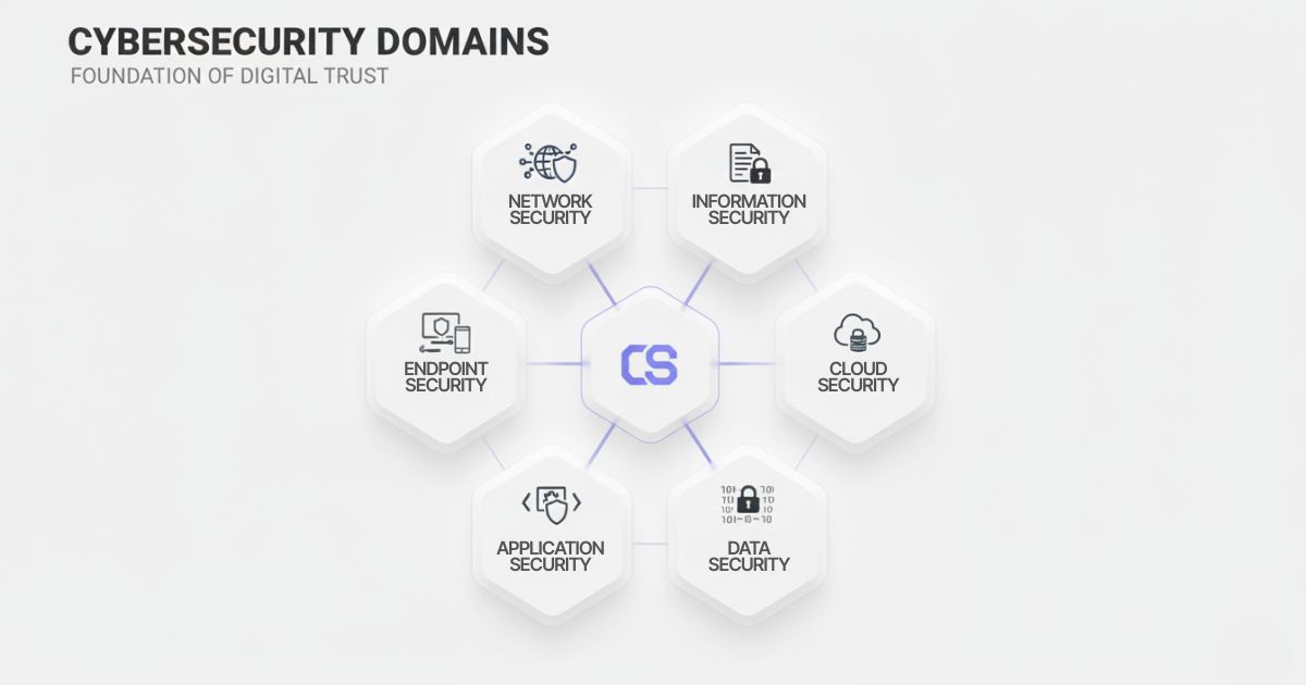Diagram illustrating the six key cybersecurity domains—Network, Information, Endpoint, Cloud, Application, and Data Security—arranged around a central cybersecurity hub, demonstrating their interconnected nature in protecting digital assets.