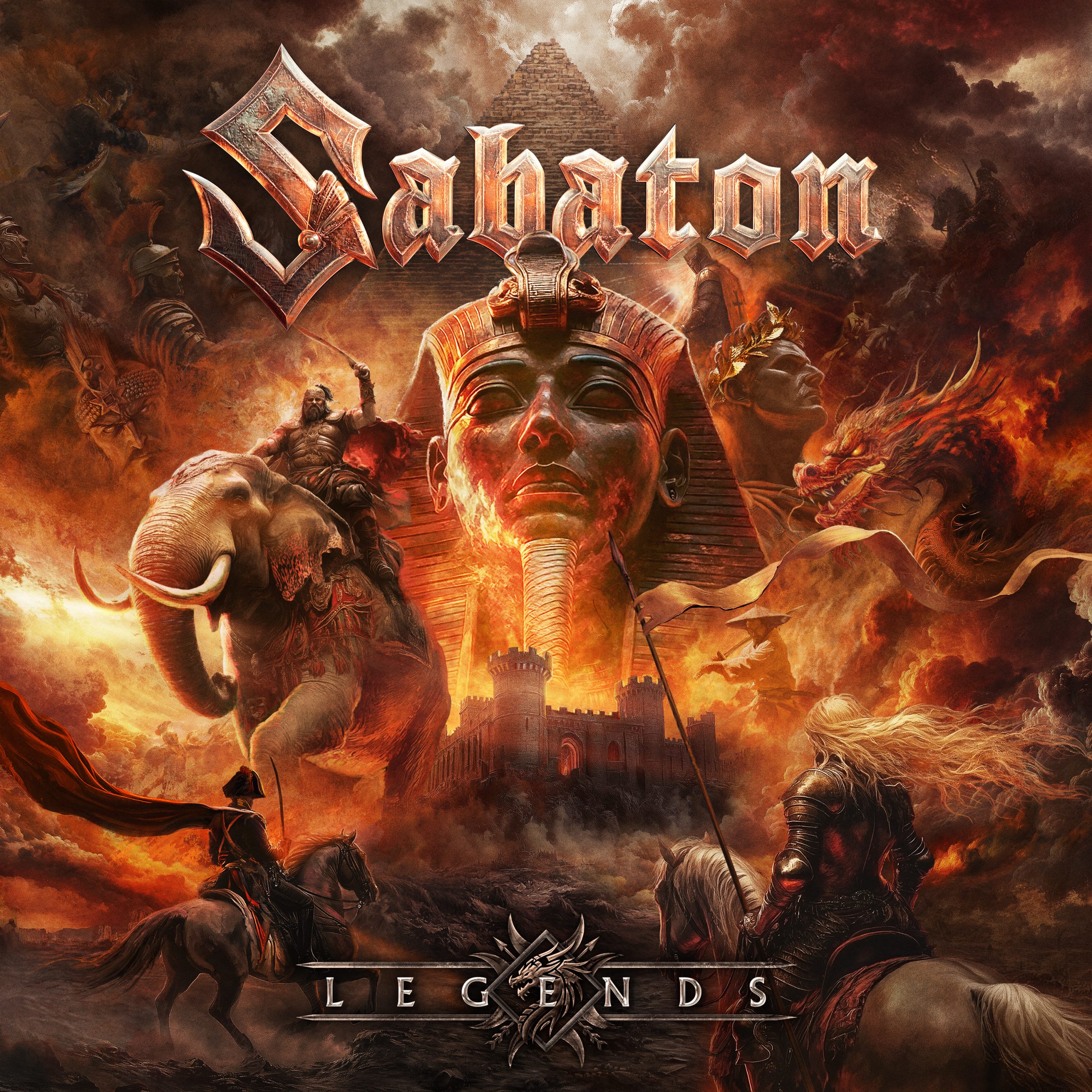 Pochette de l'album "Legends" de Sabaton, figures historiques sur fond orangé