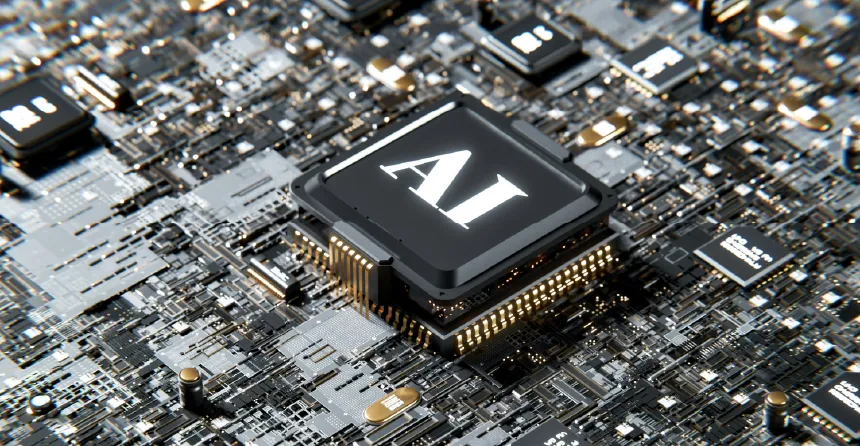 circuitos y elementos tecnológicos, con uno central más grande que dice "AI"